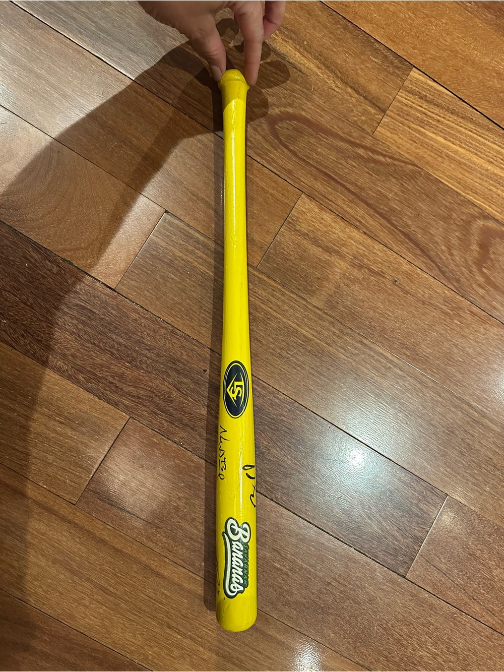 Mini Louisville Slugger with Savannah Bananas logo and player signatures